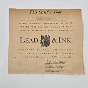 Vintage 1952 Lead & Ink Journalism Certificate University of Miami Ephemera